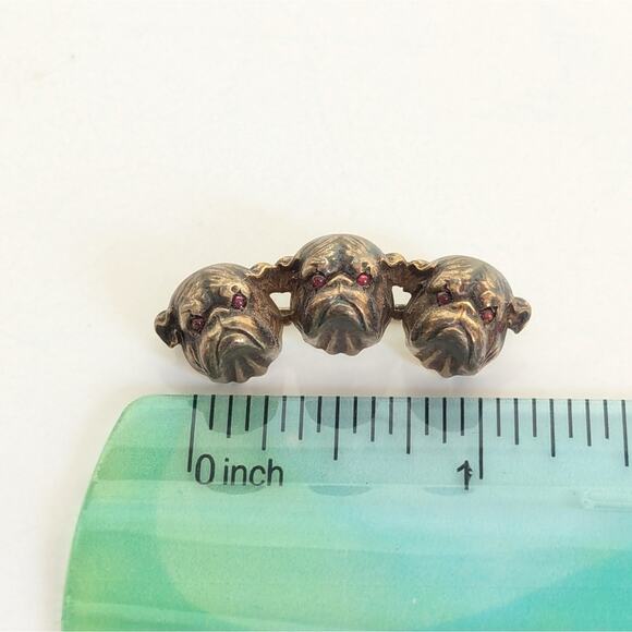 Antique Sterling Silver Figural English Bulldog Ruby Red Glass Eyes Brooch